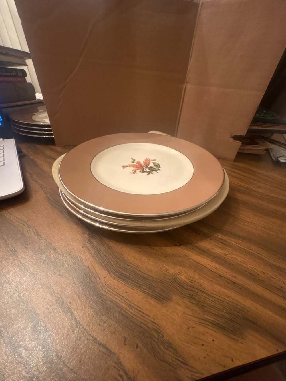 Flintridge China Cambria Cocoa Salad Plate Set Of 4 Floral Platinum Trim